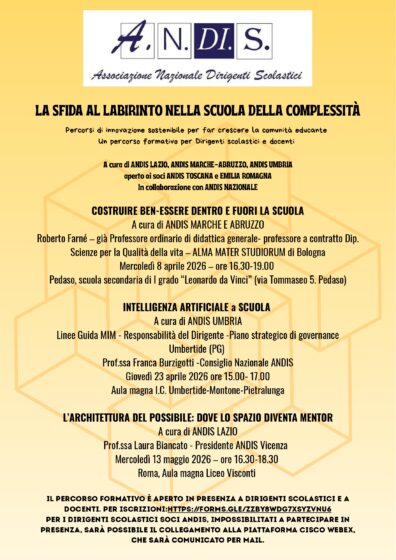 23 aprile 2026 – LA SFIDA AL LABIRINTO NELLA SCUOLA DELLA COMPLESSITÀ:  Percorsi di innovazione sostenibile per far crescere la comunità educante