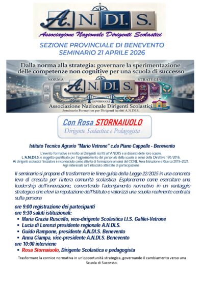 21 aprile 2026 – Dalla norma alla strategia: governare la sperimentazione delle competenze non cognitive per una scuola di successo