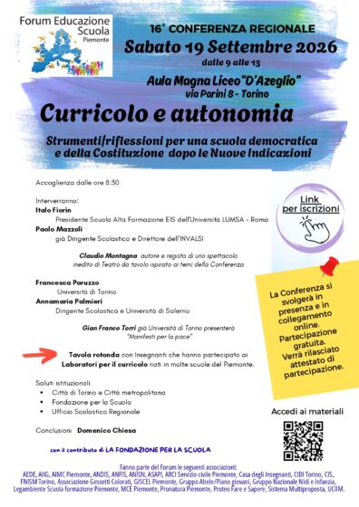 Curricolo e autonomia- Strumenti/riflessioni per una scuola democratica e della Costituzione dopo le Nuove Indicazioni<br> Sabato 19 settembre 2026 dalle h. 9:00 alle h. 13:00